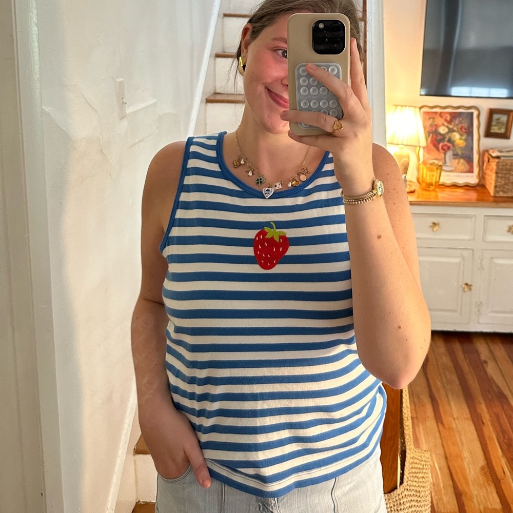 Cabin Creek Blue and White Striped Tank Top with Strawberry Motif
